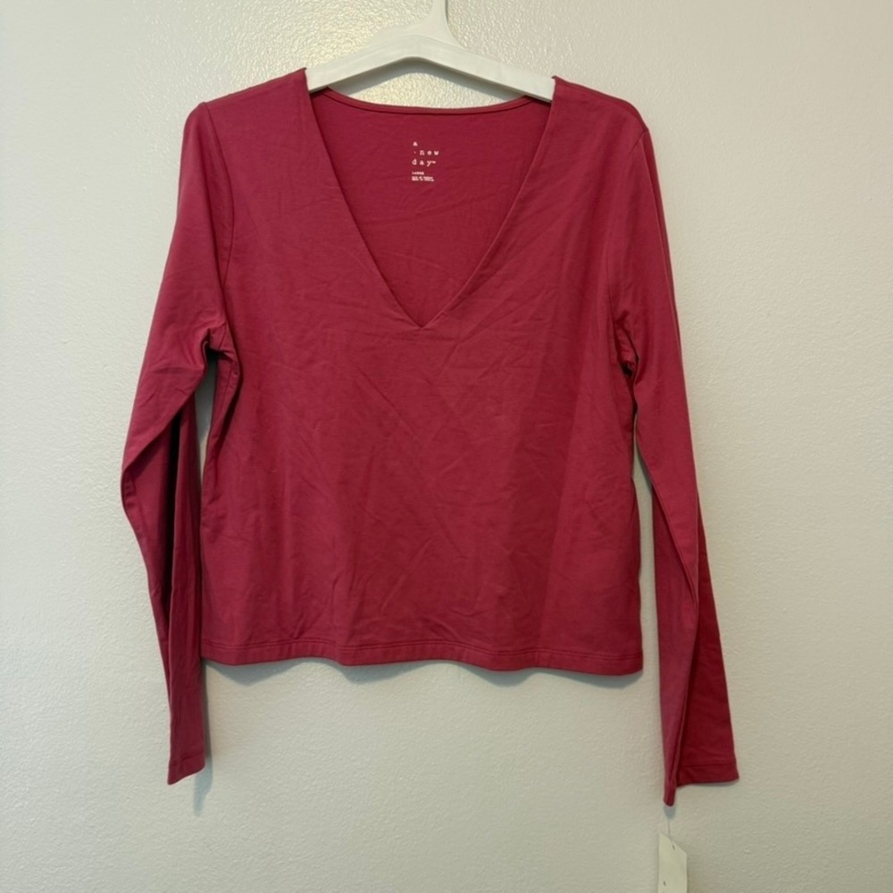 A New Day Womens Pink V-Neck Long Sleeve T-Shirt Size Large NWT